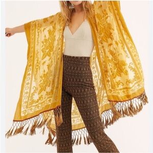 Free People Mustard yellow velvet burnout kimono